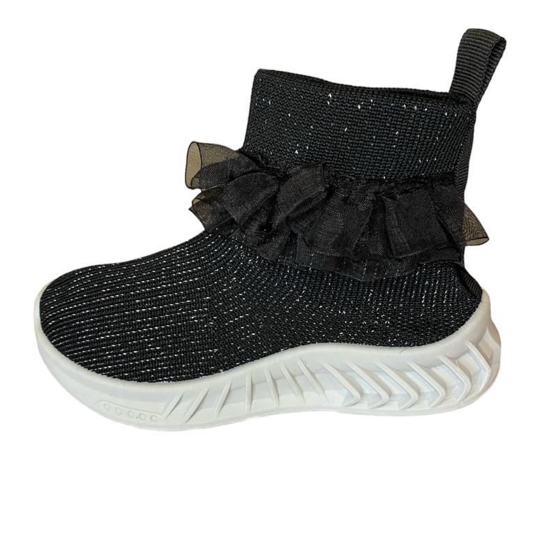 Junior Girls Black Ruffle Shimmer Sock Hard Sole Trainers - Size 11 To 2 5