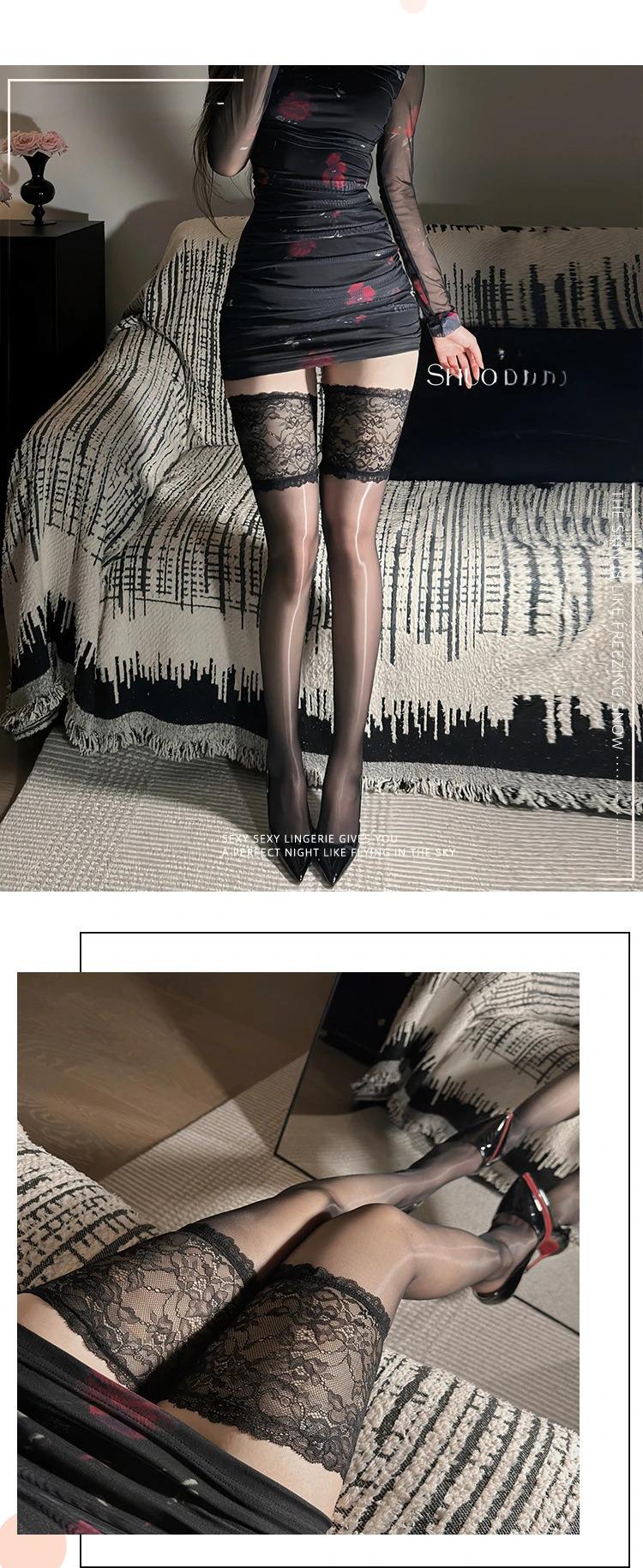 Product Introduction of Sexy Lace and Horse Oil Thigh High Socks Woman Red Gray Black Skin Color Stockings Club Internet Celebrity Medias Transparent Nylon Womenswear 7