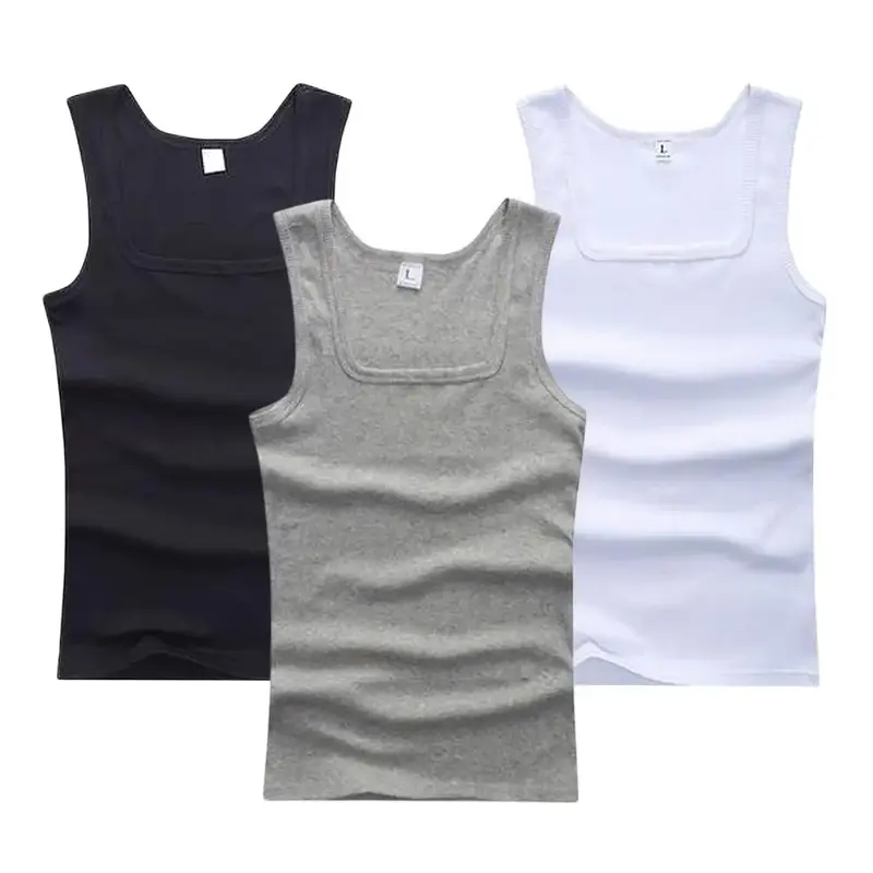 Square Neck Muscle Fit Ribbed Tank Top Men Clothing Singlets Basic Elastic Tank Tops Sleeveless Fitness Men Vest 0