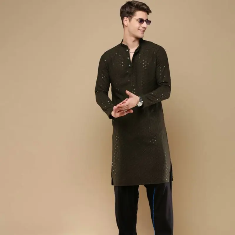 Men's olive Green Chikankari Sequins Viscose Rayon Kurta and White Pajama Set - Menswear, Asian Clothes