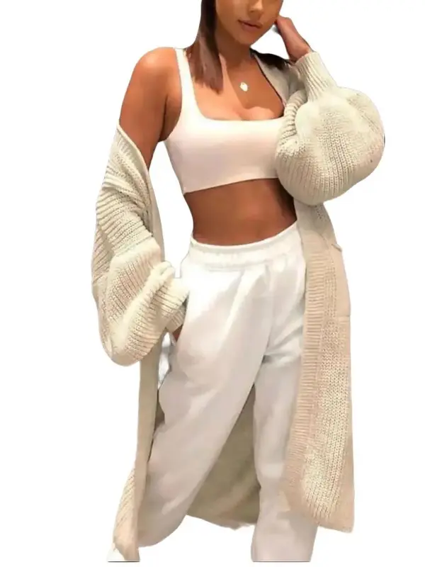 Women Chunky Knitted Oversized Cardigan Ladies Balloon Sleeve Long Maxi Cardigan Knitwear Womenswear Tops Underwear Long Sleeve Comfort Basic Minimalist 2