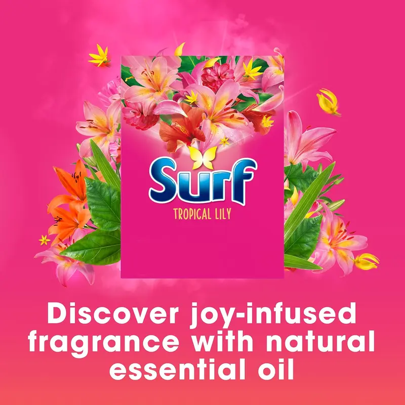 Surf Tropical Lily Washing Powder joy-infused fragrance with natural essential oil lasting up to 12 hours in wear for brilliantly clean laundry every time 130 washes 6.5 kg 2