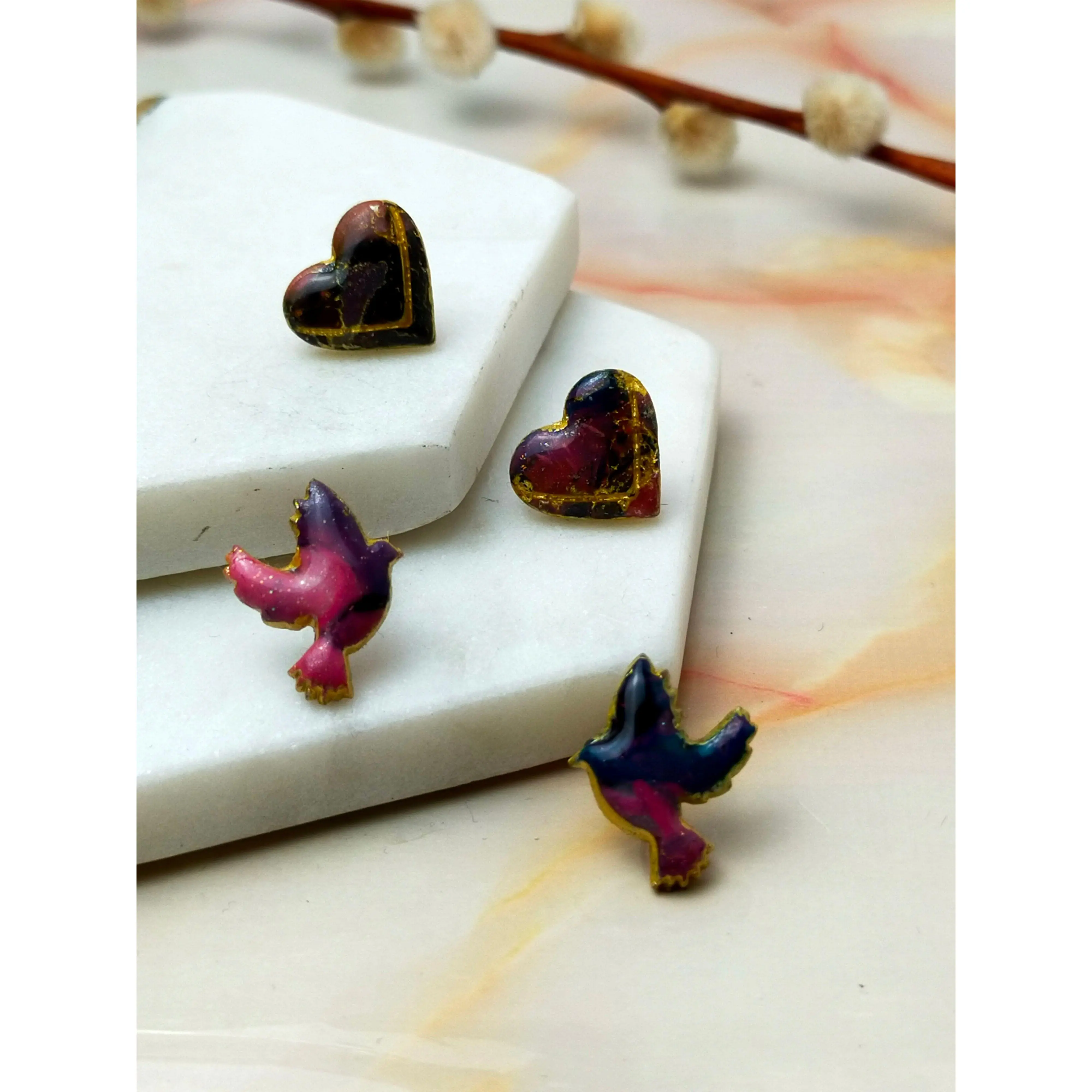 "Paloma and Faith" Love Bird Stud Earrings or Love Hearts Stud Earrings