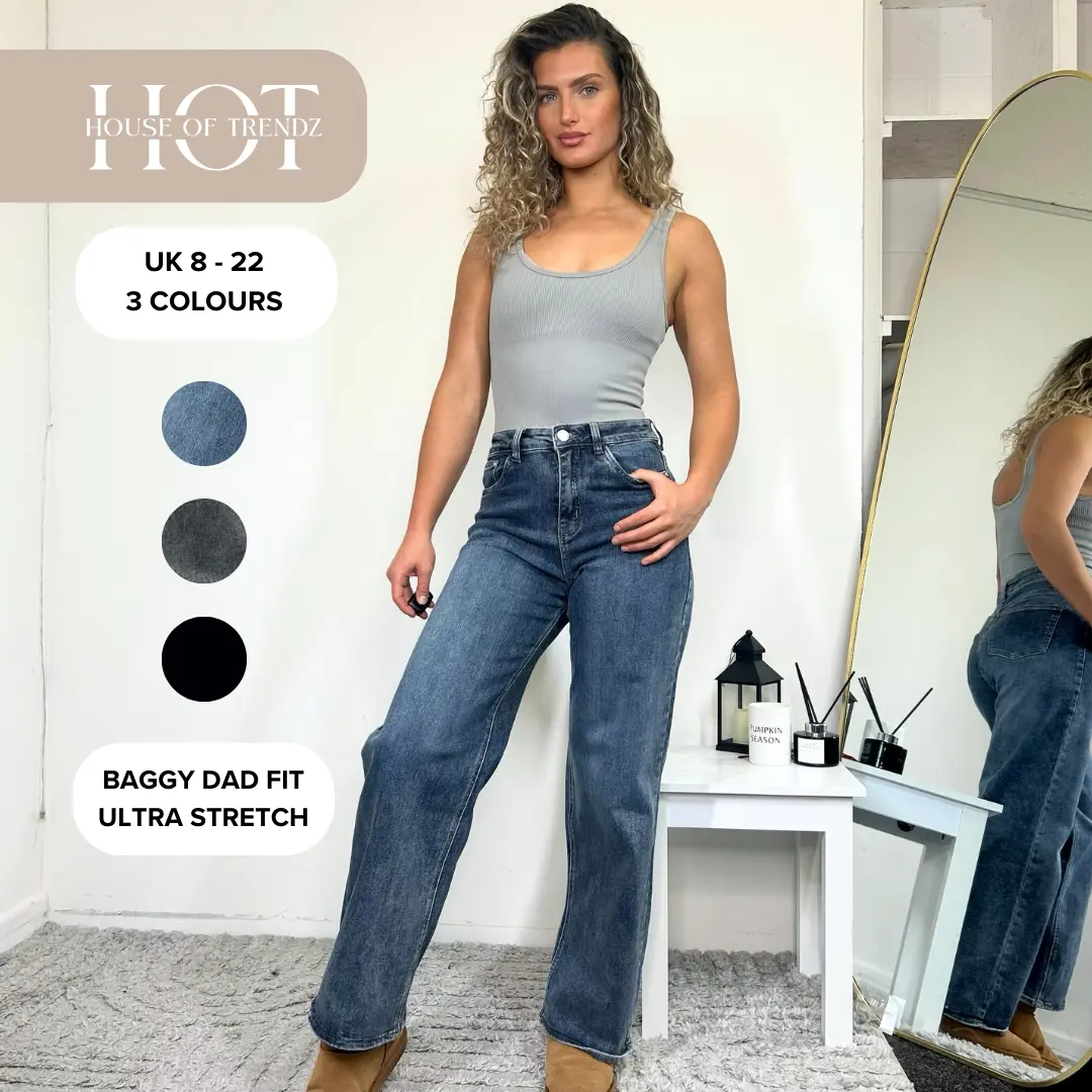 [HouseOfTrendz] MANDY VIRAL Stretchy Dad Jeans - Baggy Dad Fit Straight Leg Wide Denim Cotton Fabric Womens Casual High Waisted Acid Wash elegant high waist Womenswear Bottom