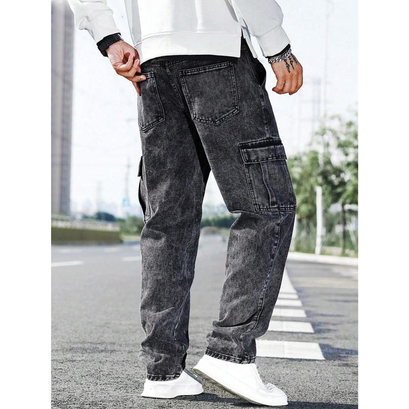 Manfinity RivetRise Men Flap Pocket Side Cargo Jeans, Plain Long Straight Leg Cargo Dark Grey Washed Cargo Jeans, For Husband, Boyfriend Gifts Menswear Viscose 1