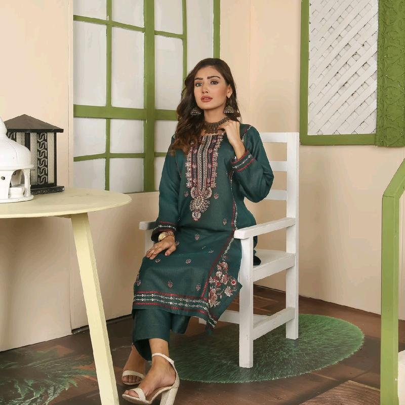Beautiful Soft Denim 2 Piece Embroidered Casual Outfit For Spring Comfortable Kurta & Trouser Elegance Set Chiffon Dress 2