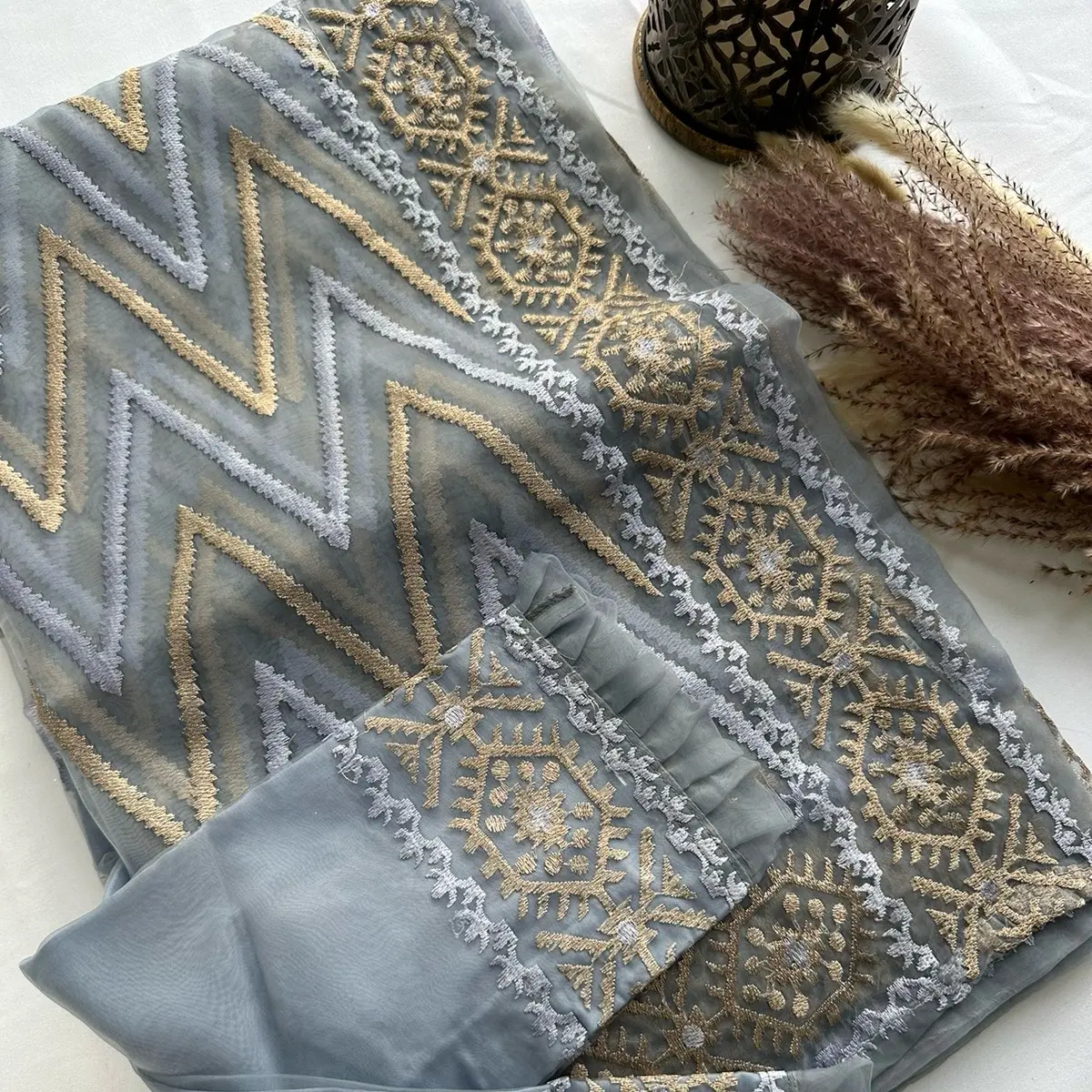 Organza Jamdani Inspired Zigzag Sari Blouse - Size 42, 16 Inch Sleeve, Traditional Asian Wear - Womenswear, Tops