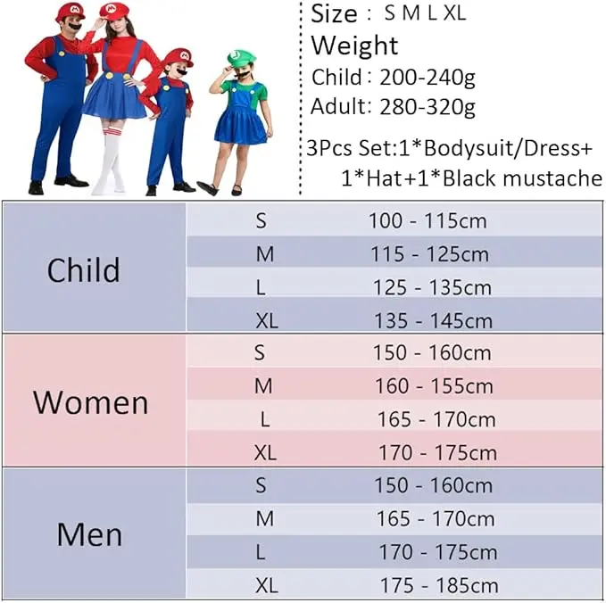 Halloween Plumber Costume Outfits for Kids Adult Unisex Cosplay Fancy Dress up with Bros Hats Cap Mustaches Halloween Cosplay Carnival 3