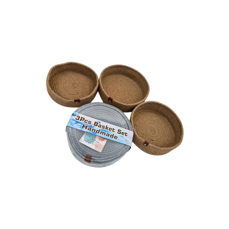 Handmade Jute Basket Set - 3 Pieces, Round, Washable, Available in Grey and Brown 2