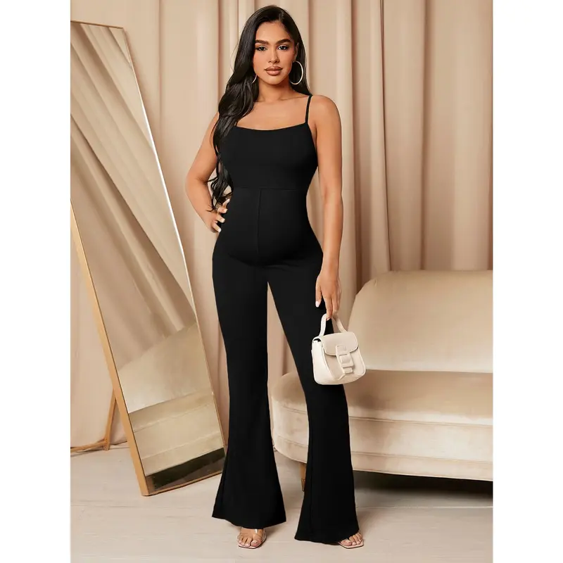MaterniChic Maternity Solid Flare Leg Cami Jumpsuit 4
