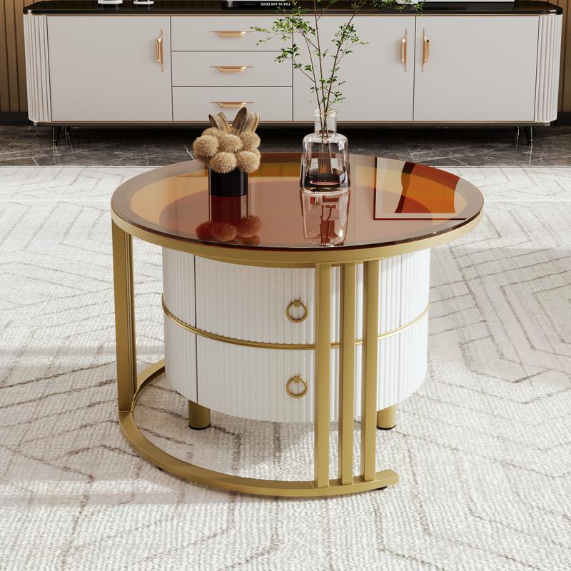 2024 High Quanlity 2-in-1 round MDF coffee table with 1 high-gloss table top and 1 side table with brown tempered glass tabletop, living room coffee table set with 2 drawers, 70*70*45 + 50*50*40 cm  Modern Furniture Coffee Table for Living Room 3