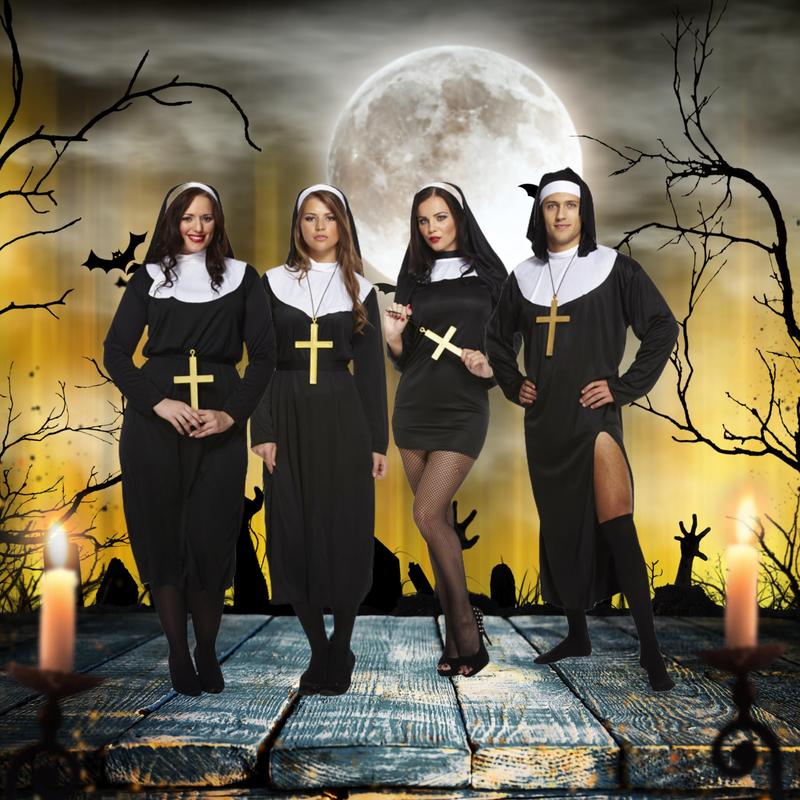Adult Nun Costume + Monk Cross | Black Robe + Head piece(Veil) + Belt Halloween Fancy dress Accessory Religious Male Female Novelty Cosplay Props Hen Stag Party Outfit 5