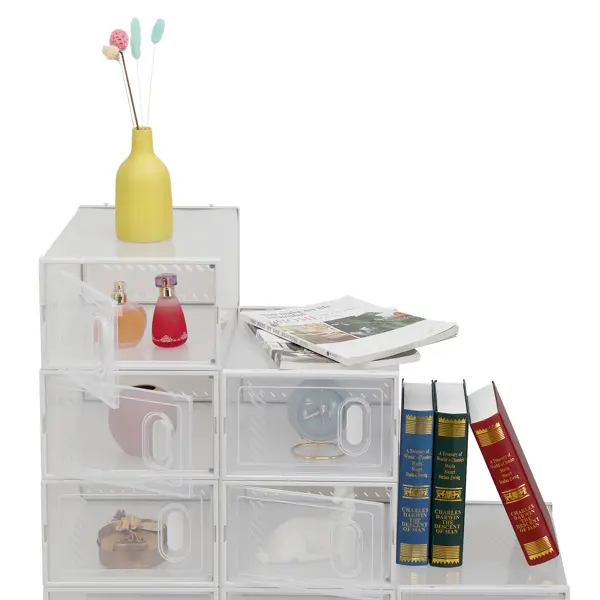 18 Boxes Set Clear Stackable Shoe Storage Box - Durable White Plastic Case Organizer for Men’s & Women’s Shoes (Size 5-10 / EU 37-44) | Easy to Installation, Assemble & Disassemble | Lightweight Transparent Design Rack Shelf Multicolor multifunctional 4