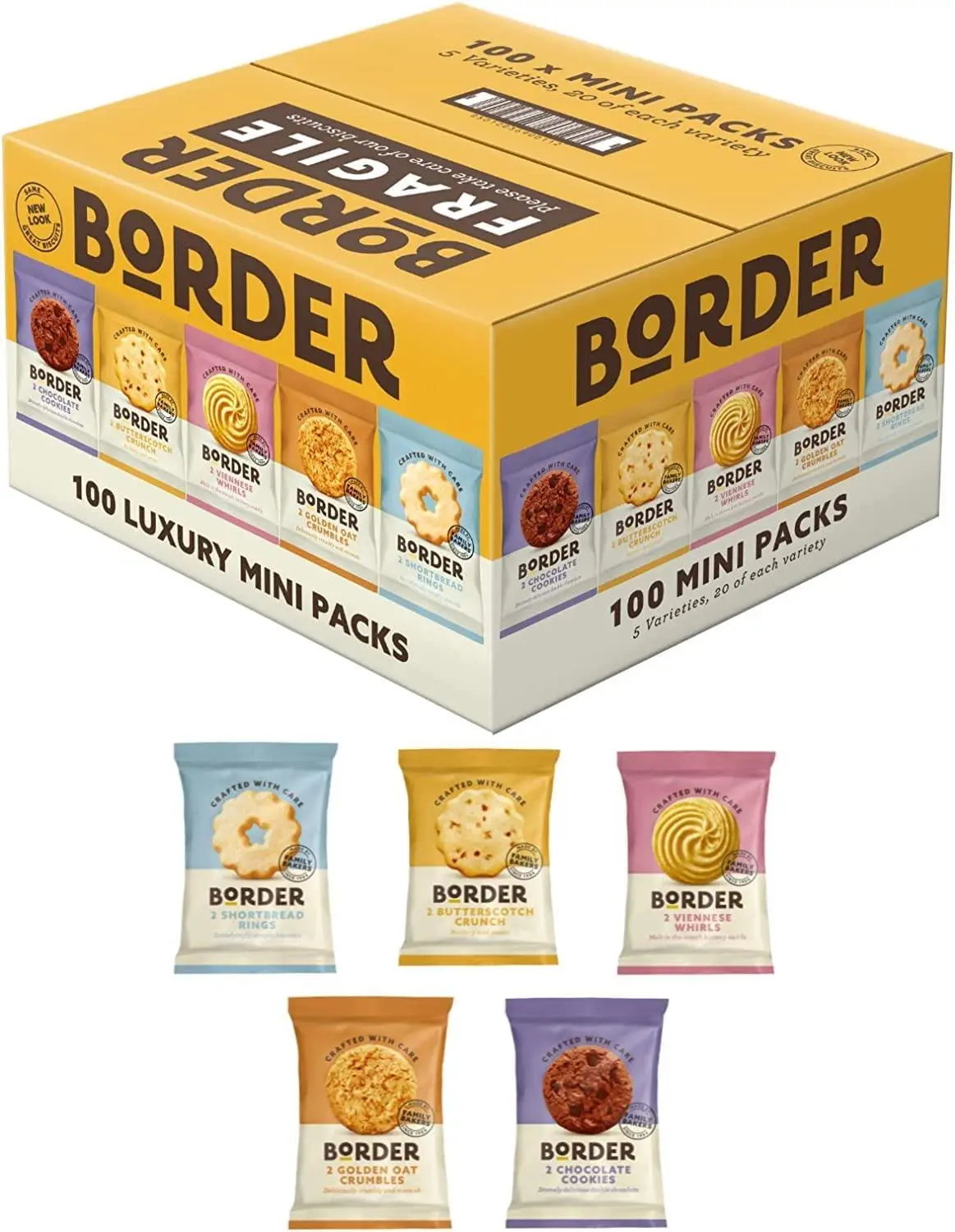 Border Biscuits Luxury Mini Pack – 100 Individually Wrapped Biscuits – 5 Variety - 1 Box