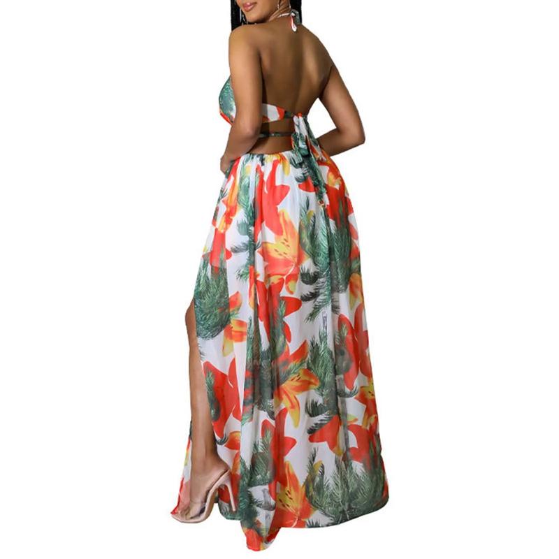Product Introduction of Floral Print Maxi Dress For Women Stylish French Halterneck Summer Dress Mid Length Camisole Dress Elegant High Split Dress 62