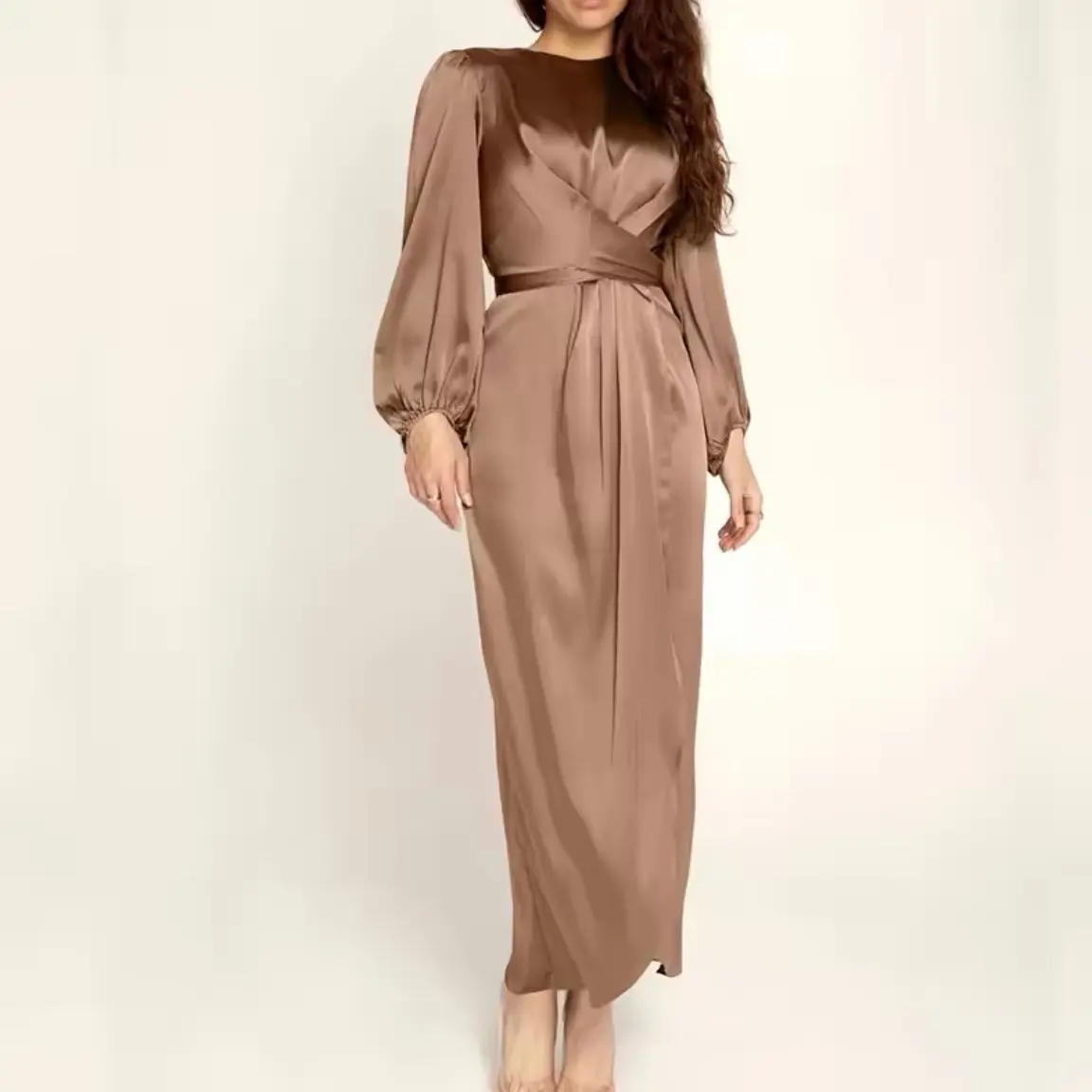 Satin Wrap Modest Maxi Dress Womenswear Tie Waist Dress Casual Comfortable Lightweight Silky Elegance sweater Summer Elegant Long Sleeve classy outfit dresses