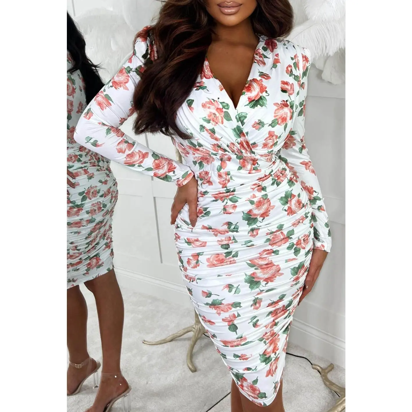 Wish For Love White Floral Long Sleeve Ruched Midi Dress
