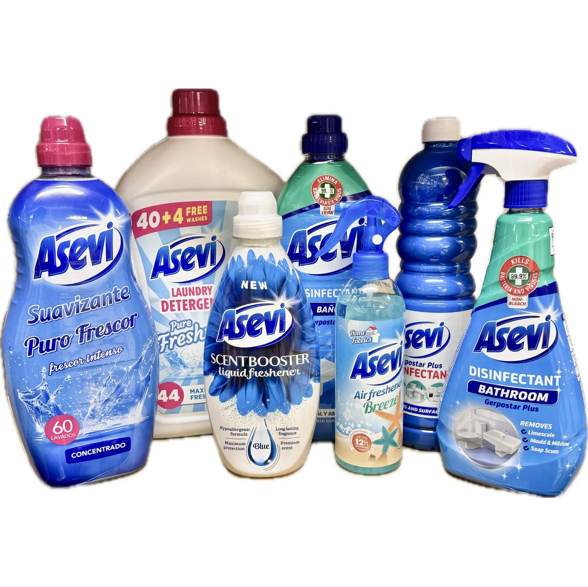 7PC Asevi Ultimate BLUE Spanish Cleaning Bundle | 40w Detergent, 60w Softener, Scent Booster, Bano Disinfectant, Floor Cleaner, Bathroom Spray, Fabric / Air Freshener | Fast & Free Shipping | Laundry Fragrance