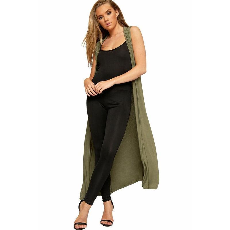 Womens Ladies Sleeveless Maxi Long Length Boyfriend Cardigan Collared Top Long Duster Jacket Coat Ladies Blazer Waistcoat Casual Light Womenswear Garment Party Soft Stretchy 1