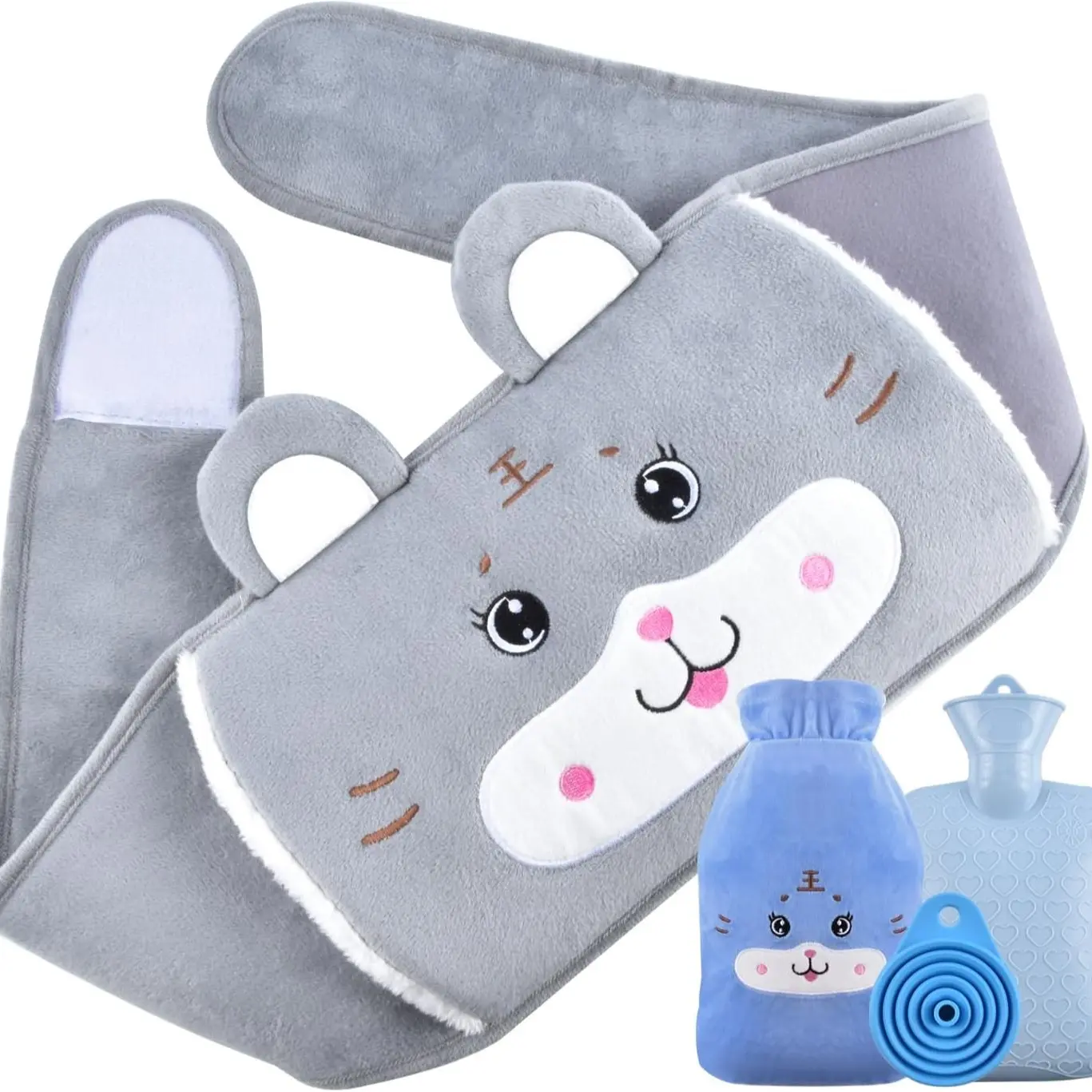 Hot Water Bottle, Water-Filled hot Water Bag with a Soft Waist Cover and a Waist Belt, Rubber Hot Water Pouch + Funnel for Pain Relief for Neck, Back, Shoulder and Legs Gift Set Cup