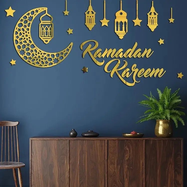 Ramadan Kareem Acrylic Wall Sticker Gold Decor Decorative Decoration and Matching Balloons for Ramadan Kareem Decor