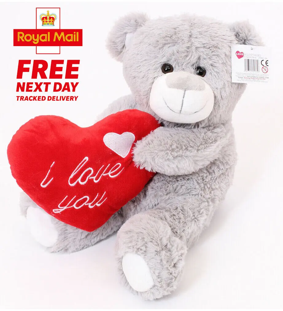 LARGE VALENTINES TEDDY BEAR GREY 12" I LOVE YOU PLUSH GIFT BOY GIRLFRIEND GIFT