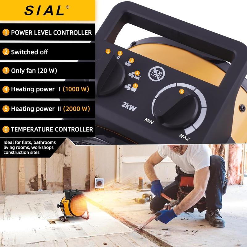 SIAL Portable Electric Heater 2000W Ceramic Fan Space Heaters 3 Settings & Adjustable Thermostat���Yellow） 4