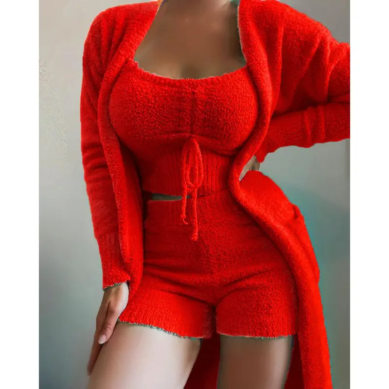 2025 New Women's Clothing stuffed Three-piece Tie Pajamas Set plaid Casual Suit Home Service 7