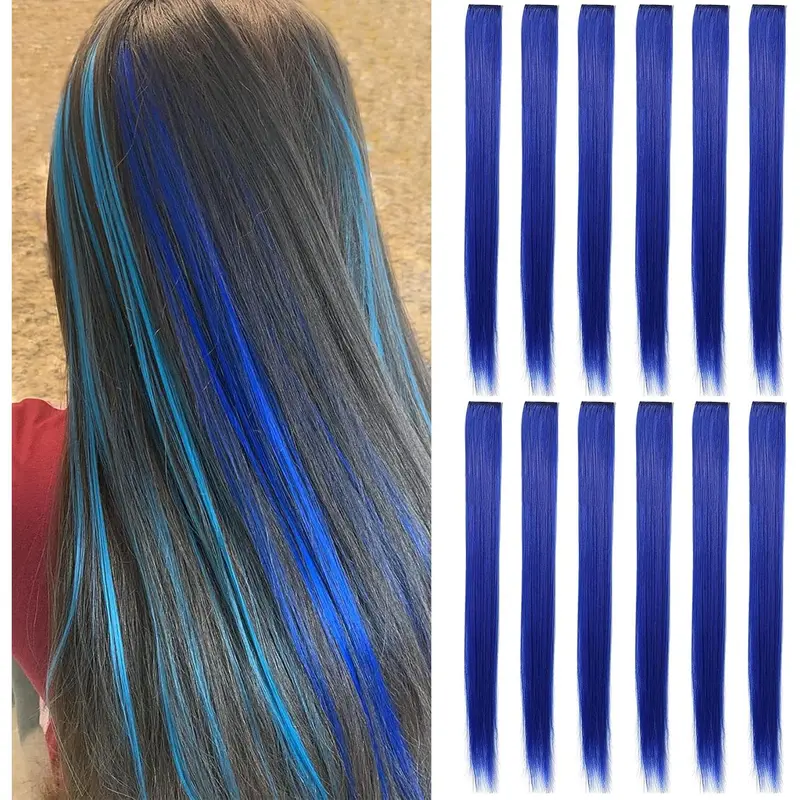 12Pcs Blue Hair Extensions Clip in Girls,21 Inch Heat-Resistant Synthetic Straight Blue Hair Accessories for Women Girls Gift Party Highlights Blue Hairpiece (Blue) 0