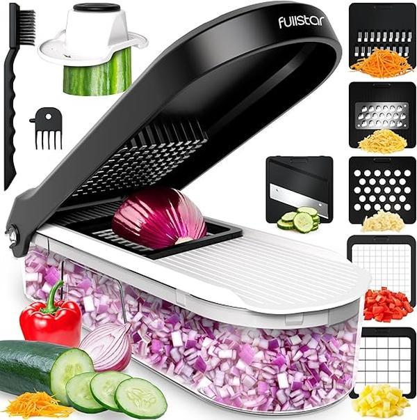 Vegetable Chopper Cutter Mandoline Slicer Cheese Grater - Food Onion Salad Veggie Chopper with Container - French Fry Potato Dicer Slicer Cutter - Kitchen Tools Gadgets (6-in-1 Compact White) 0