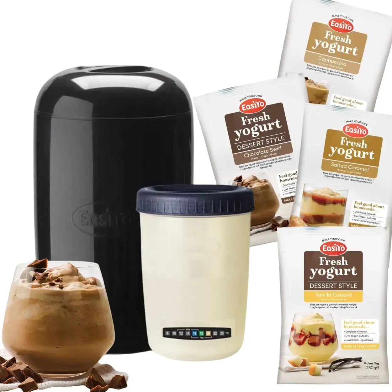 EasiYo Yoghurt Maker Starter Pack Includes 4 Yoghurt Sachets Salted Caramel, Vanilla Custard, Chocolate Swirl, Cappuccino