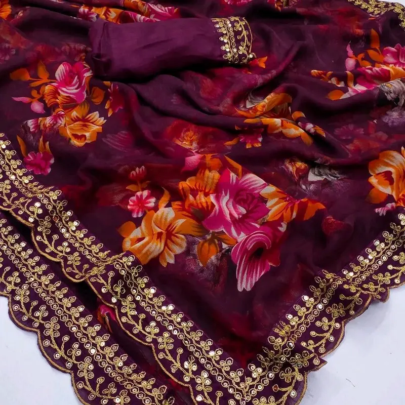 Georgette chiffon with flower print saree with ready blouse size 44" 4