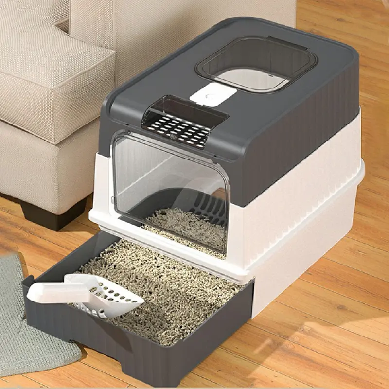 Large Cat Litter Box Anti-Splashing Cat Potty Tray Self Cleaning Pan Drawer - Grey 8