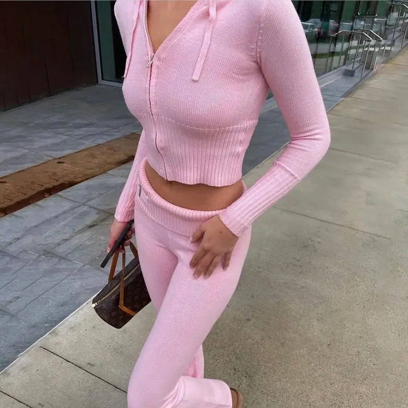 Knitted 2 Piece Sets Women Tracksuit Long Sleeve Zipper Hooded Sweater Crop Top Flare Pants Stretch Matching Suit Outfit Womenswear Overalls 7