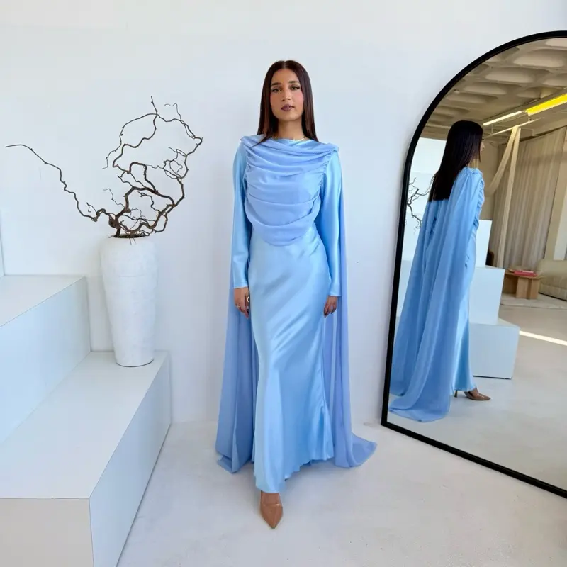 Women’s Petite Fit Floaty Chiffon Detail Satin Maxi Dress Abaya