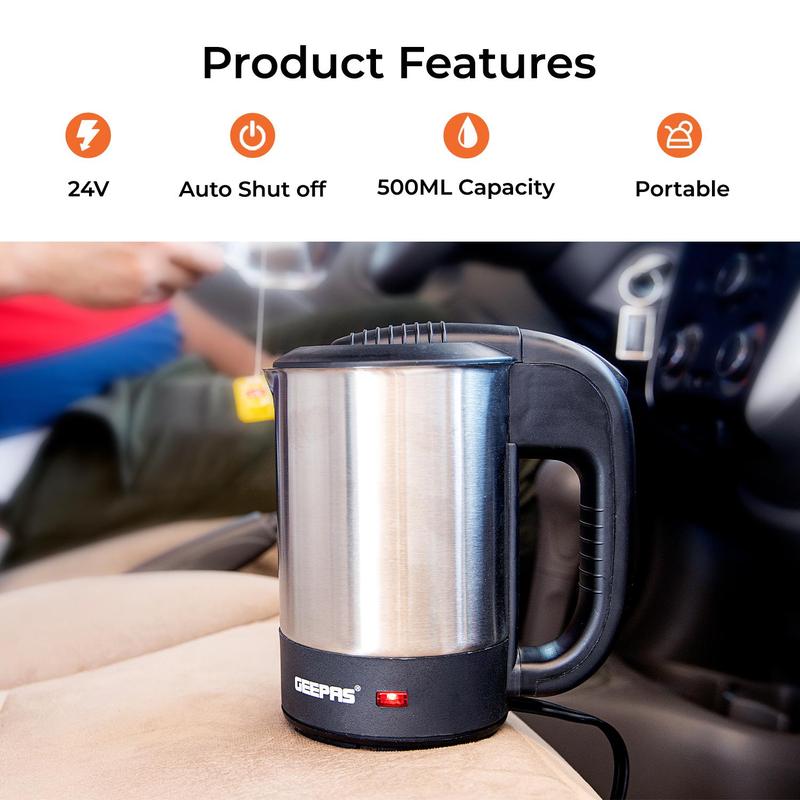 Geepas 24V Travel Kettle 500ML Truck Kettle Hot Water Portable Kettle Cigarette Lighter 1