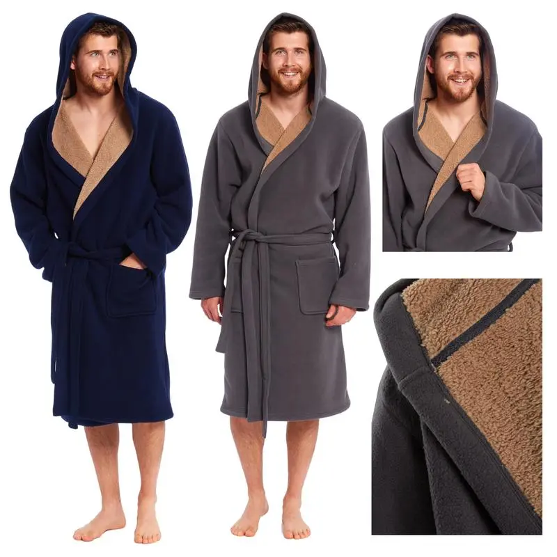 MENS SOFT CORAL POLAR FLEECE DRESSING GOWN BATH ROBE NIGHT LOUNGE WEAR BATHROBE Menswear Loungewear Nightwear Long Sleeve