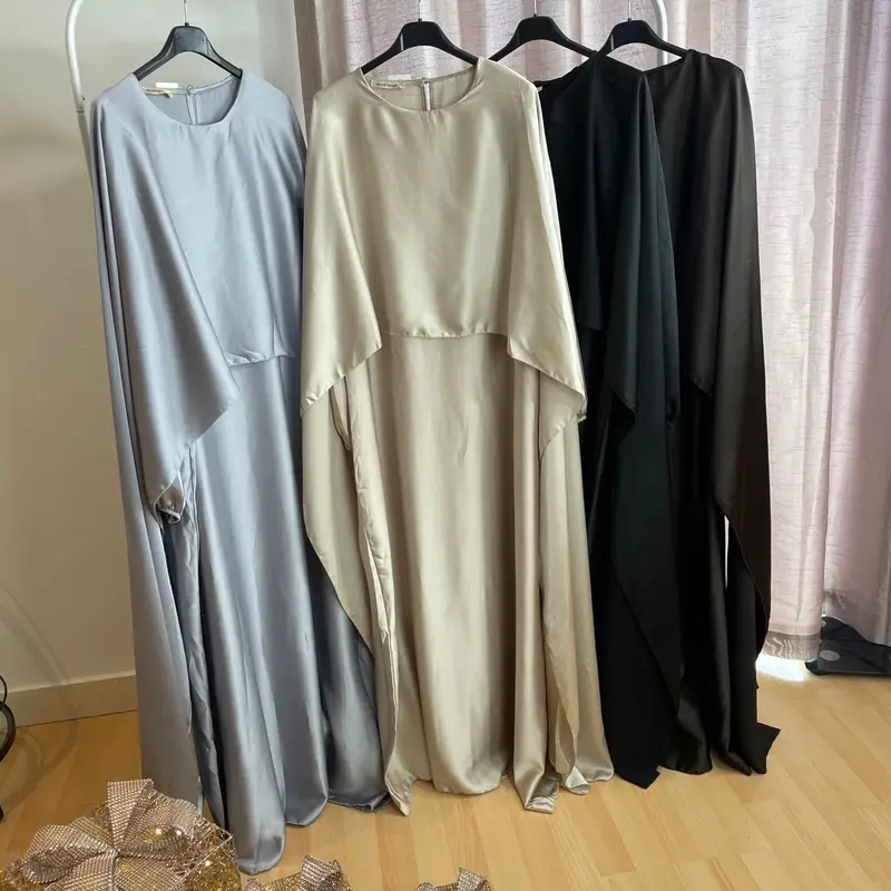 Cape Satin Dress Long Sleeve Plain Round Neck Classy 1
