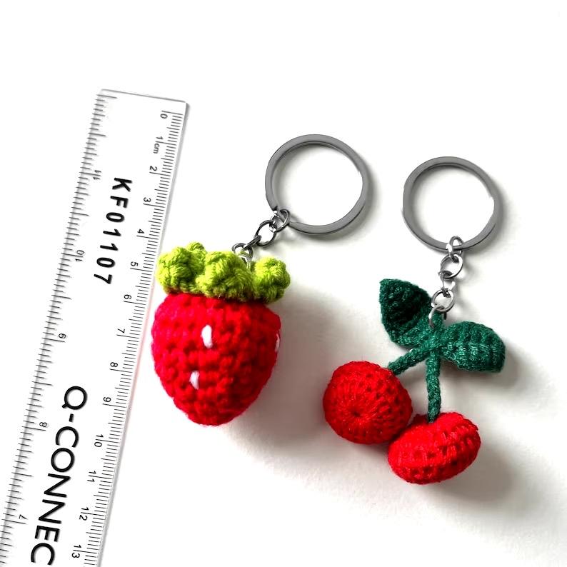 Cherry & Strawberry Crochet Knitted Keyrings | Key Accessories | Fruit | Red | Cherry | Strawberry keyring 1