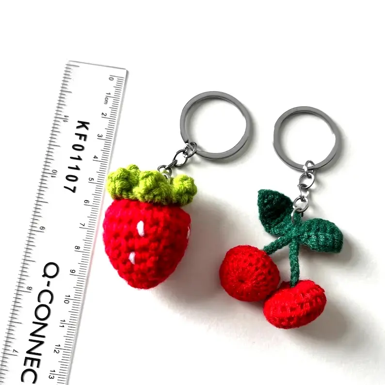 Cherry & Strawberry Crochet Knitted Keyrings | Key Accessories | Fruit | Red | Cherry | Strawberry keyring 1