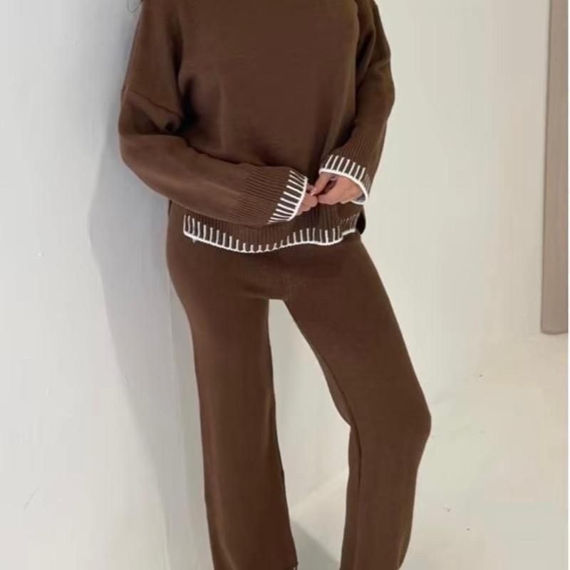 Women's Knitted Lounge Wear Ladies wide Leg Palazzo Top Trousers tracksuit Set 4