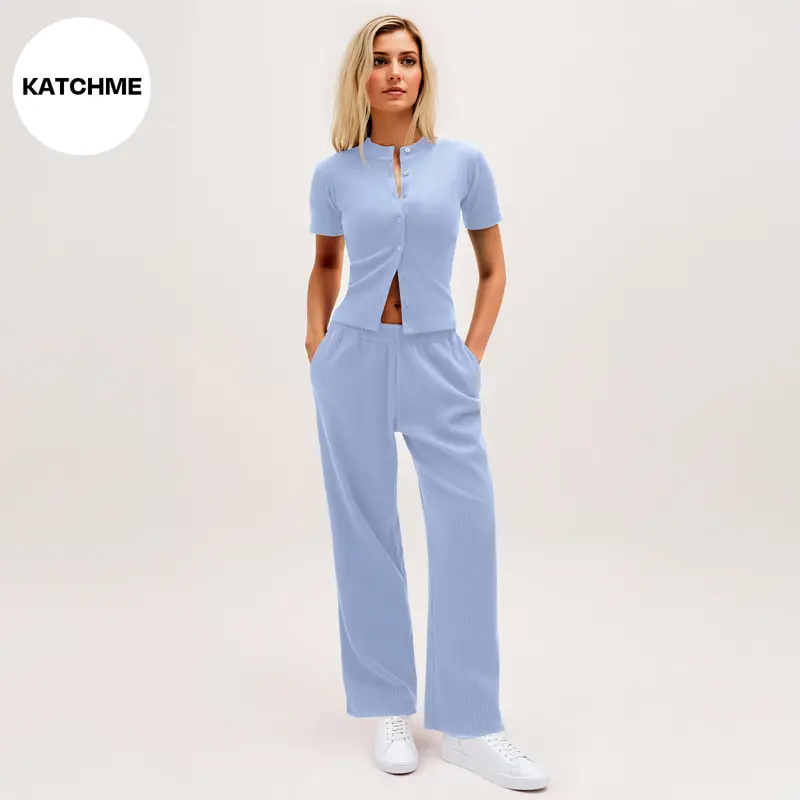 KatchMe Women's Minimalist Solid Color Button-Up Short Sleeve Slim Top & Plicated Wide Leg Trousers Co-ord, Basic Two Piece Outfits, Comfortable Womenswear 7