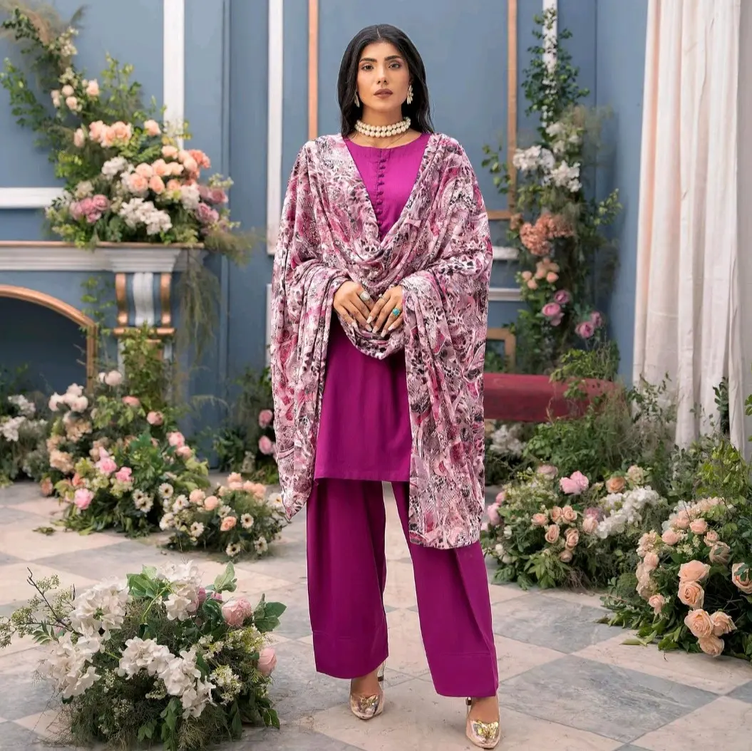 Hot pink 3pc Dhanak collection with Plachi shawl  | winter collection Outfit Farshi shlwar