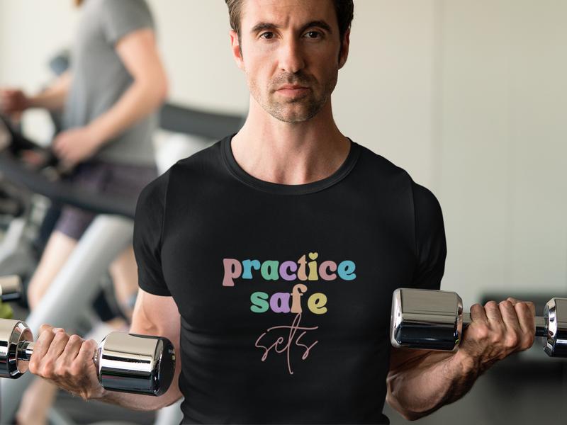 Practice Safe Sets Funny Gym Shirt, Custom Unisex T Shirt, Fun Unique Gift, Running Shirt, Gym TShirt, Graphic Tees, Menswear Womenswear Design Cotton Fabric Casual Top Relaxed Fit Breathable Hem 4