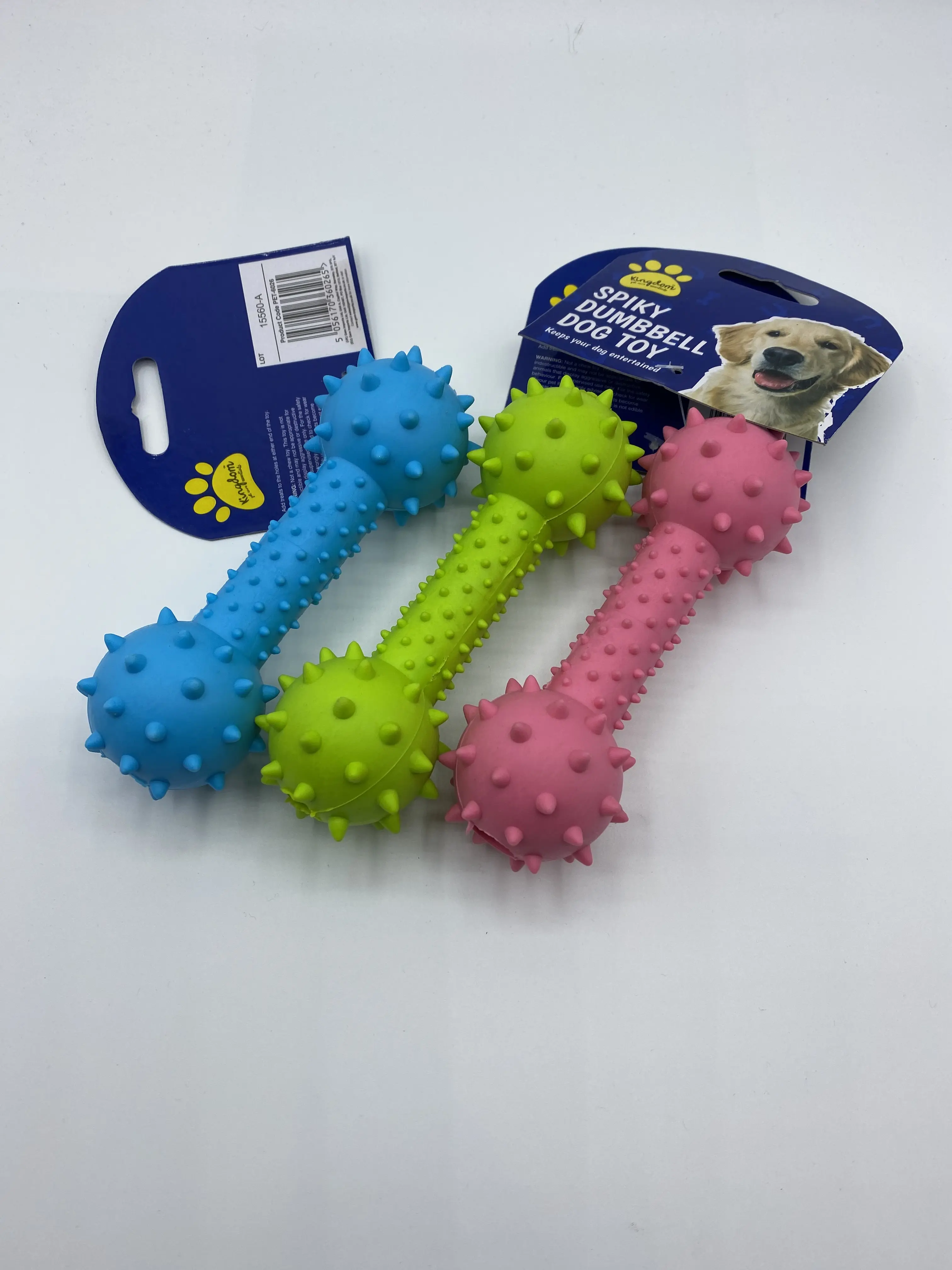 Rubber spikey dumbbell dog toy Various Colours 14cm