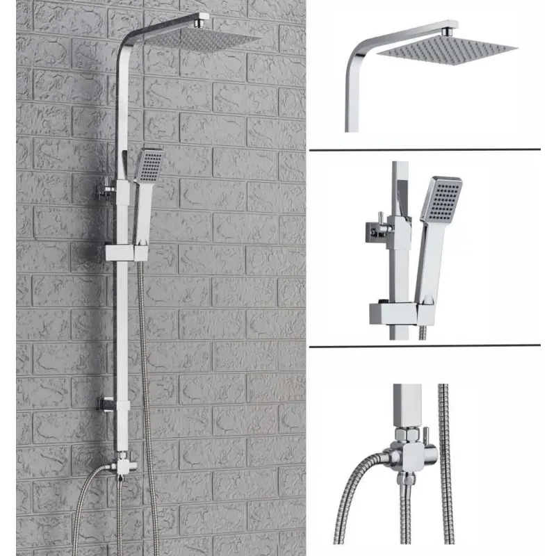 Large Waterfall Chrome Square Dual Shower Head Riser Rail Luxury Bathroom Set 0