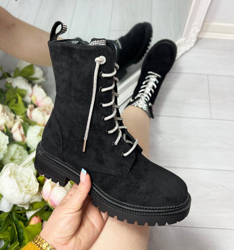 Womens Ladies Diamante Lace Up Ankle Boots Low Block Heel Zipped Winter Boots Shoes Size 3