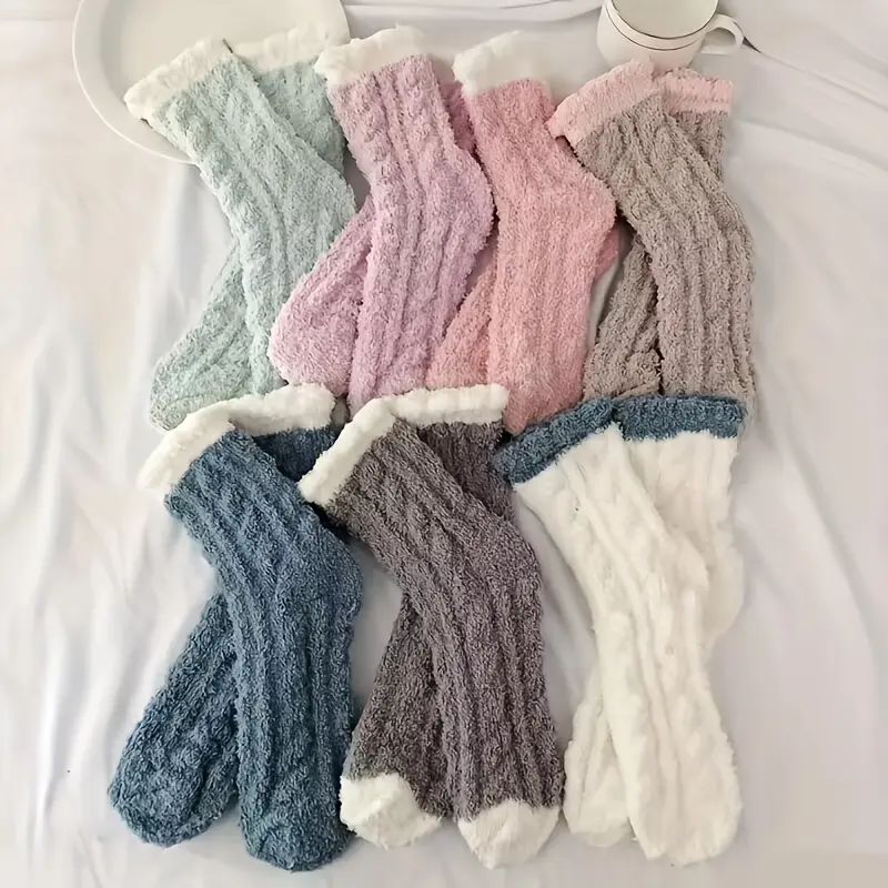 7 Pairs Fuzzy Coral Fleece Twist Embossed Cozy Floor Socks - Ultra-Warm, Soft, Breathable, and Comfy for Fall & Winter - Women's Stockings & Hosiery with Twist Embossed Design for Added Grip 0