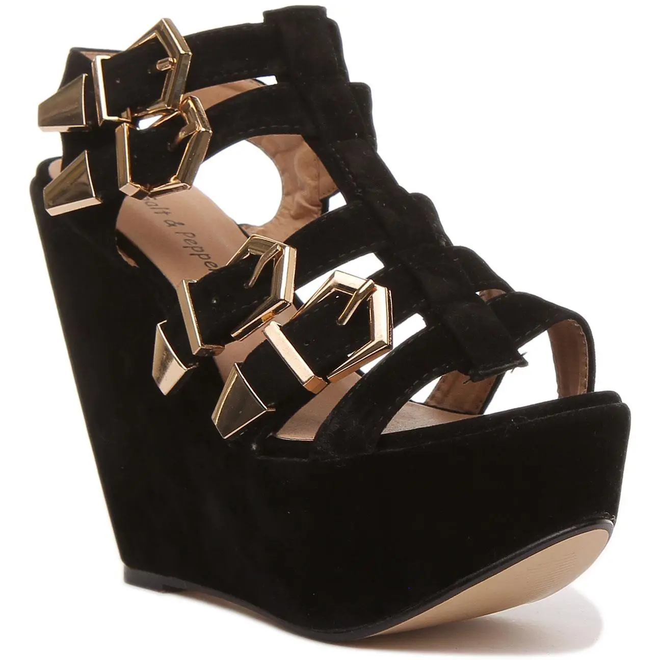 Womens Ladies Julianne Cut Out Wedge Shoe In Black/Black Suede Size UK 2 - 8