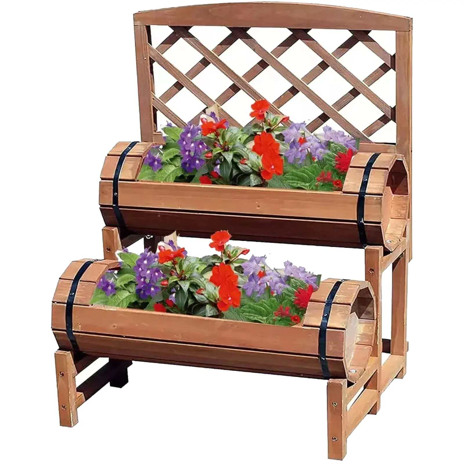 Kingfisher Double Barrel Wooden Garden Planter - Pressure Treated - Patio Flowers Plants - H78cm x W48cm x D40cm